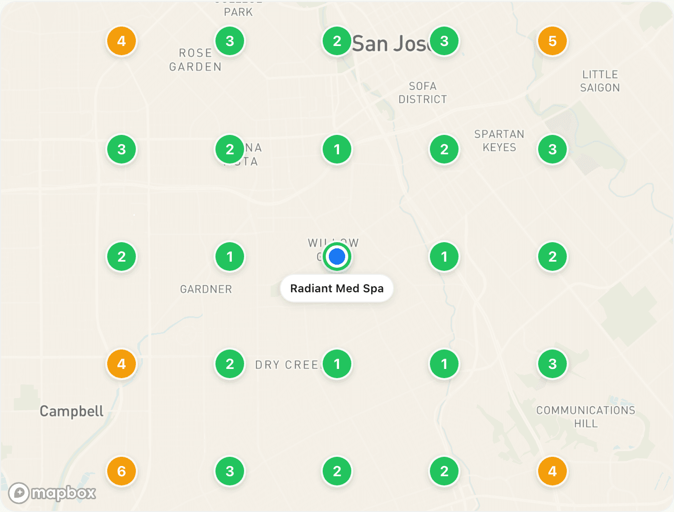 Example day-90 geo-grid map: 20 of 25 search locations in the top 3