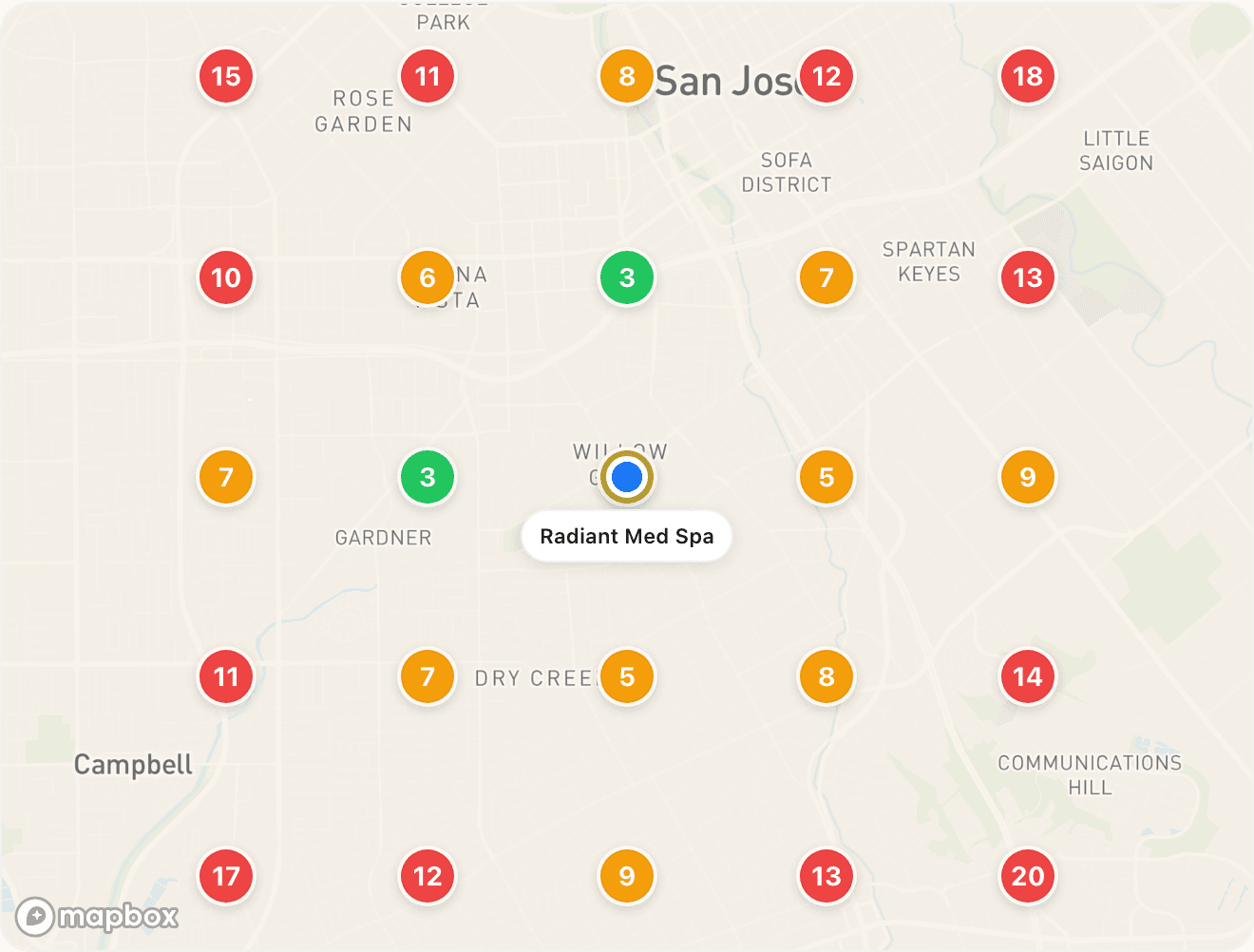 Day-one geo-grid map: 2 of 25 search locations ranking in the top 3